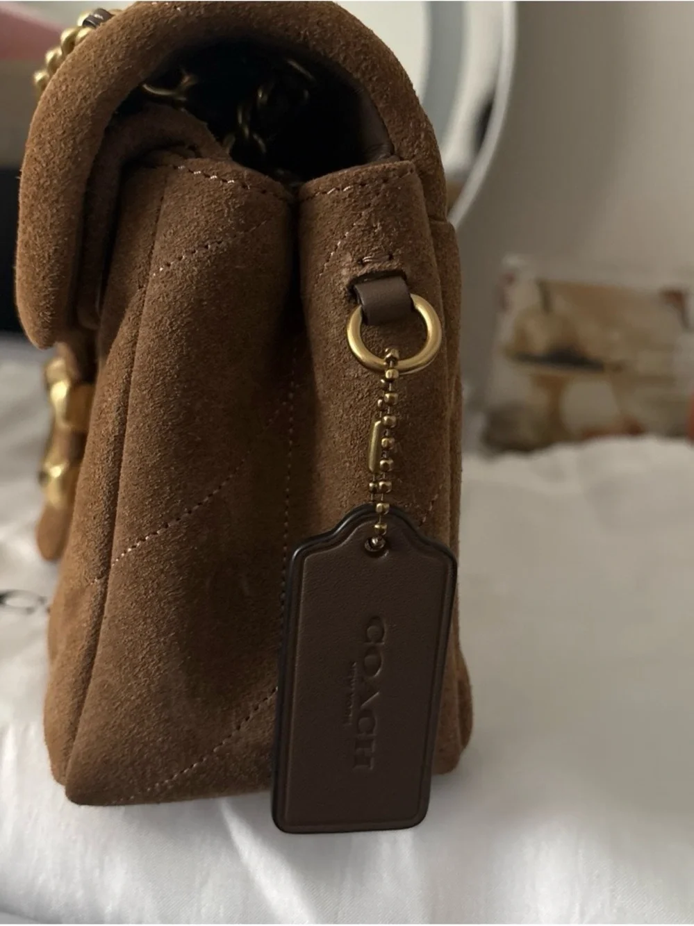 Pillow Tabby 26… Coach Quilted Suede Shoulder Bag in Camel with Gold Hardware